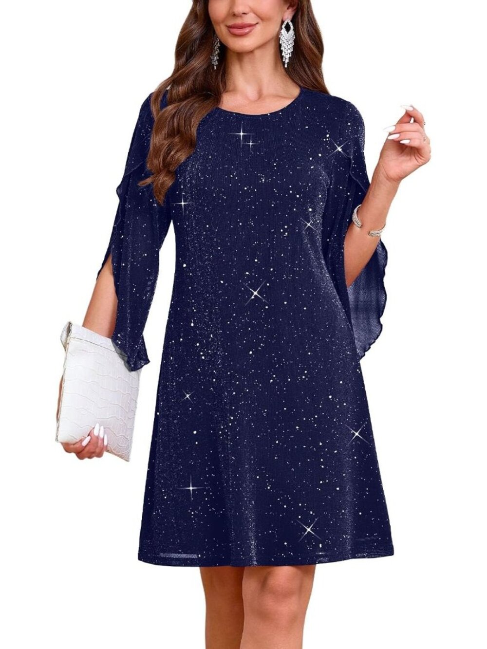 Women's Sparkly Navy Blue 2026 Flutter Sleeve Crewneck Wedding Guest Short Dress